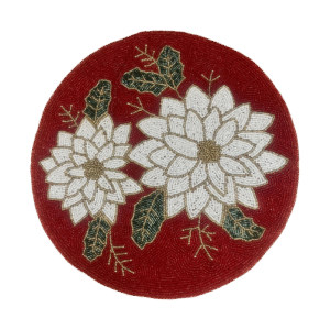 Blossom Corner Beadwork Table Mat - White & Red Flowers : Size 15 Inches Diameter
