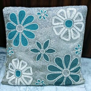 Blossom Beadwork Blue & White Flowers Cushion Cover