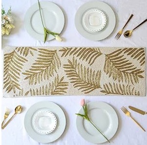 Blossom Beadwork Table Runner - Leaves : White & Gold