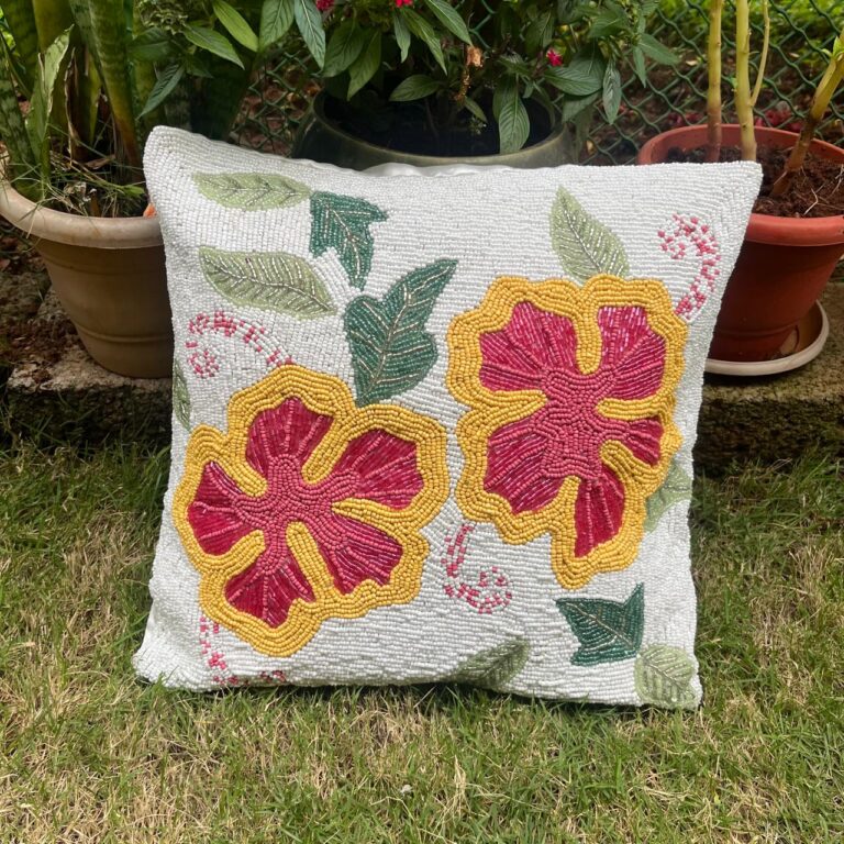 Blossom Beadwork: White with Flowers : Standard Size 16 by 16 inches