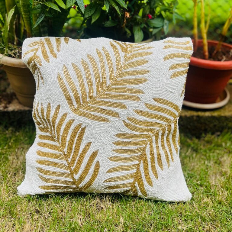 Blossom Beadwork Leaves : White & Gold : Standard Size 16 by 16 inches